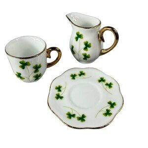 Shamrock Clover Pattern MINIATURE Creamer Cup & Saucer Set Gold Tone Trim